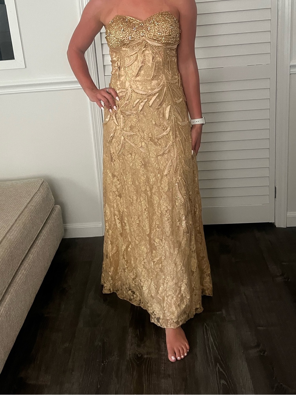 Narianna Strapless Gold Lace Evening Gown